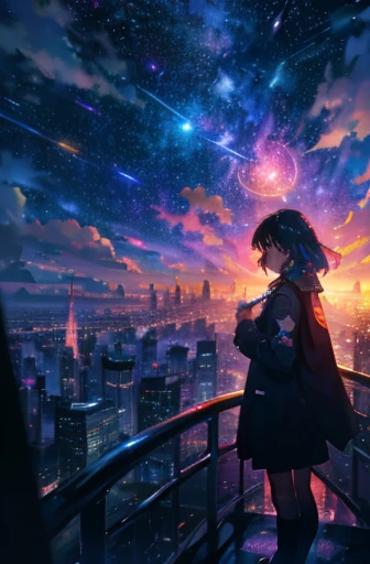 Under a vibrant surreal night sky、A woman with long hair stands in awe。, The heart of the future city, The towering skyscrapers、It looks small compared to the view of space above., Colorful nebulae and shooting stars paint the clouds like a kaleidoscope, City lights reflected in puddles on the ground