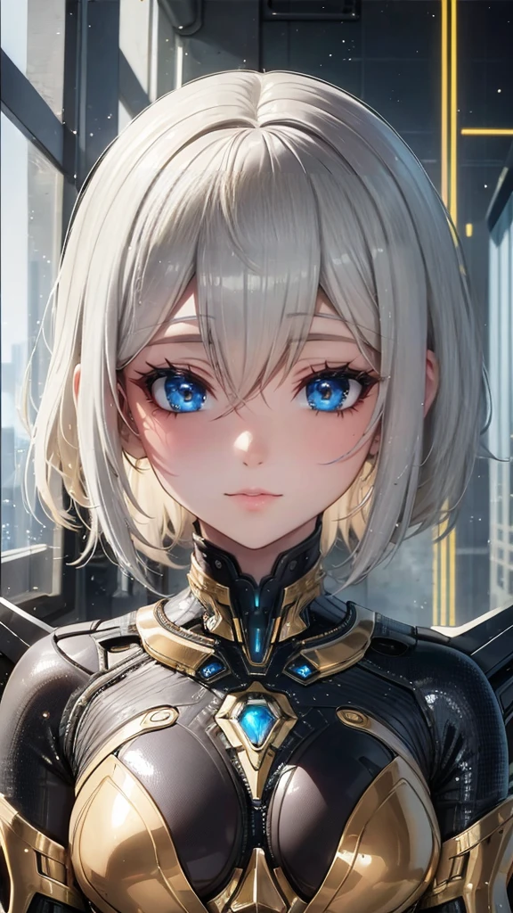 a young girl with pale skin, rosy complexion, large bright blue eyes with vivid details and shiny reflections giving a very lifelike and expressive appearance, neutral but gentle facial expression, slightly parted mouth, short white hair with slightly wavy and well-groomed style, golden metallic technological or ornamental elements fixed in the hair adding a futuristic touch, wearing a futuristic bodysuit made of shiny materials, mostly golden with black accents and integrated blue luminous technological elements on the chest and shoulders, highly detailed design reminiscent of advanced high-tech armor, in the interior of a futuristic spacecraft or installation with windows showing an urban landscape or luminous sky, (best quality,4k,8k,highres,masterpiece:1.2),ultra-detailed,(realistic,photorealistic,photo-realistic:1.37),science fiction,concept art,cinematic lighting,intricate details,dramatic composition