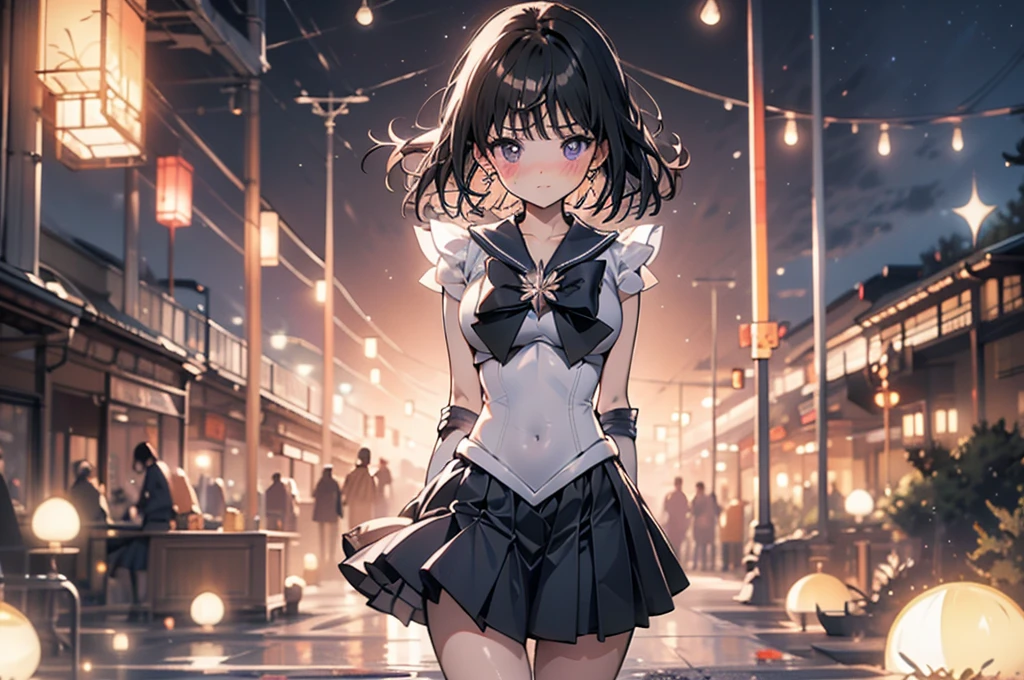 High resolution，Detailed Description，Highest quality，(Sailor Warrior Uniform),Sailor Saturn，Black Hair，universe，leotard，High Leg，Purple Skirt，Knee-high boots，Elbow Handbag，Thick thighs，The skirt is short,スカートの下に白色のleotardが見える，The skirt is blown away by the wind，blush，Embarrassed expression，Open your mouth，