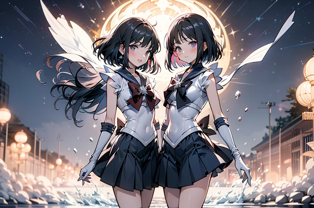 High resolution,Detailed Description,Highest quality,(Sailor Warrior Uniform),Sailor Saturn,Black Hair,universe,leotard,High Leg,Purple Skirt,Knee-high boots,Elbow Handbag,Thick thighs,The skirt is short,スカートの下に白色のleotardが見える,The skirt is blown away by the wind,blush,Embarrassed expression,Open your mouth,