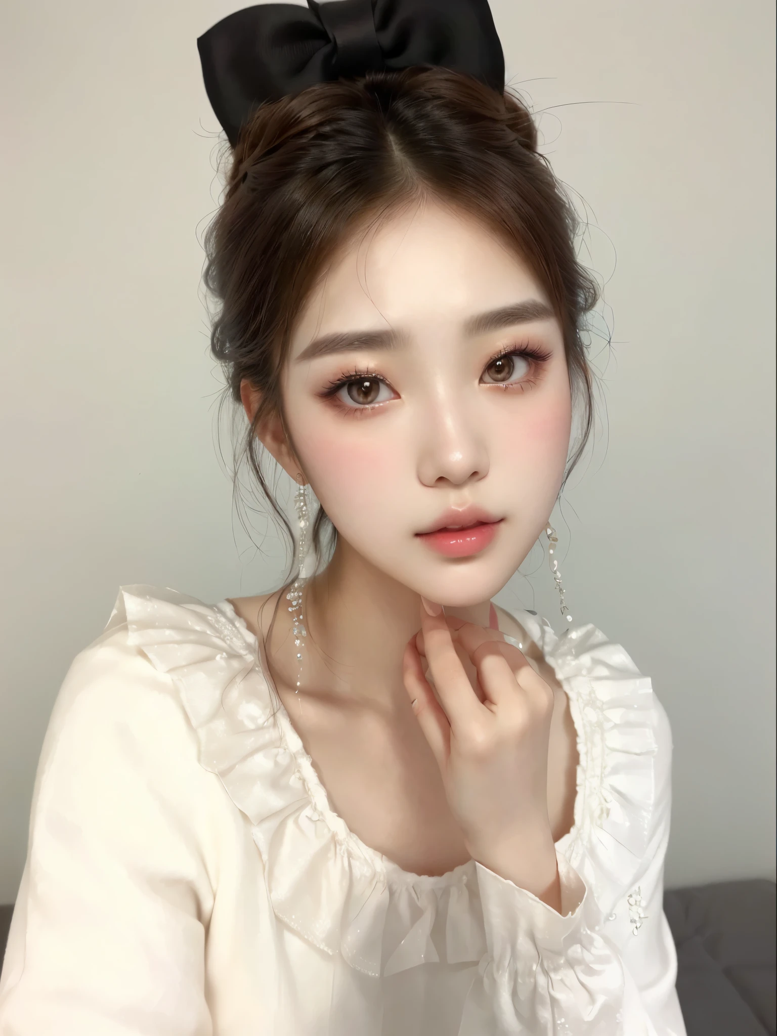a close up of a woman with a bow on her head, soft makeup, beautiful aesthetic face, popular korean makeup, popular south korean makeup, young adorable korean face, lovely delicate face, very pretty face, light makeup, beautiful pale makeup, ulzzang, beautiful delicate face, beautiful japanese girls face, sexy face with full makeup, subtle makeup, beautiful young korean woman