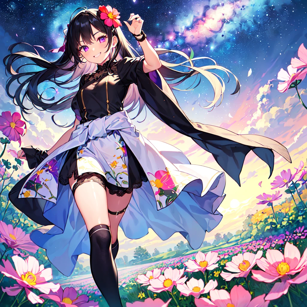 masterpiece, best quality, high quality, extremely detailed, very delicate and beautiful, (1 female 18 years old solo:1.5), (long black hair up to waist with two-side up:1.5), bangs to eyebrows, eyes (eyes sharp, strong, glossy, glossy eyebrows), (eye color magenta:1.3), 6.5 head height, (cosmos flower print fashion:1.3), knee socks, lace, ruffles, (smiling), (running:1.3), (smiling), (dynamic pose), (background cosmos flower field:1.3) ,(Milky Way Night Sky:1.3)