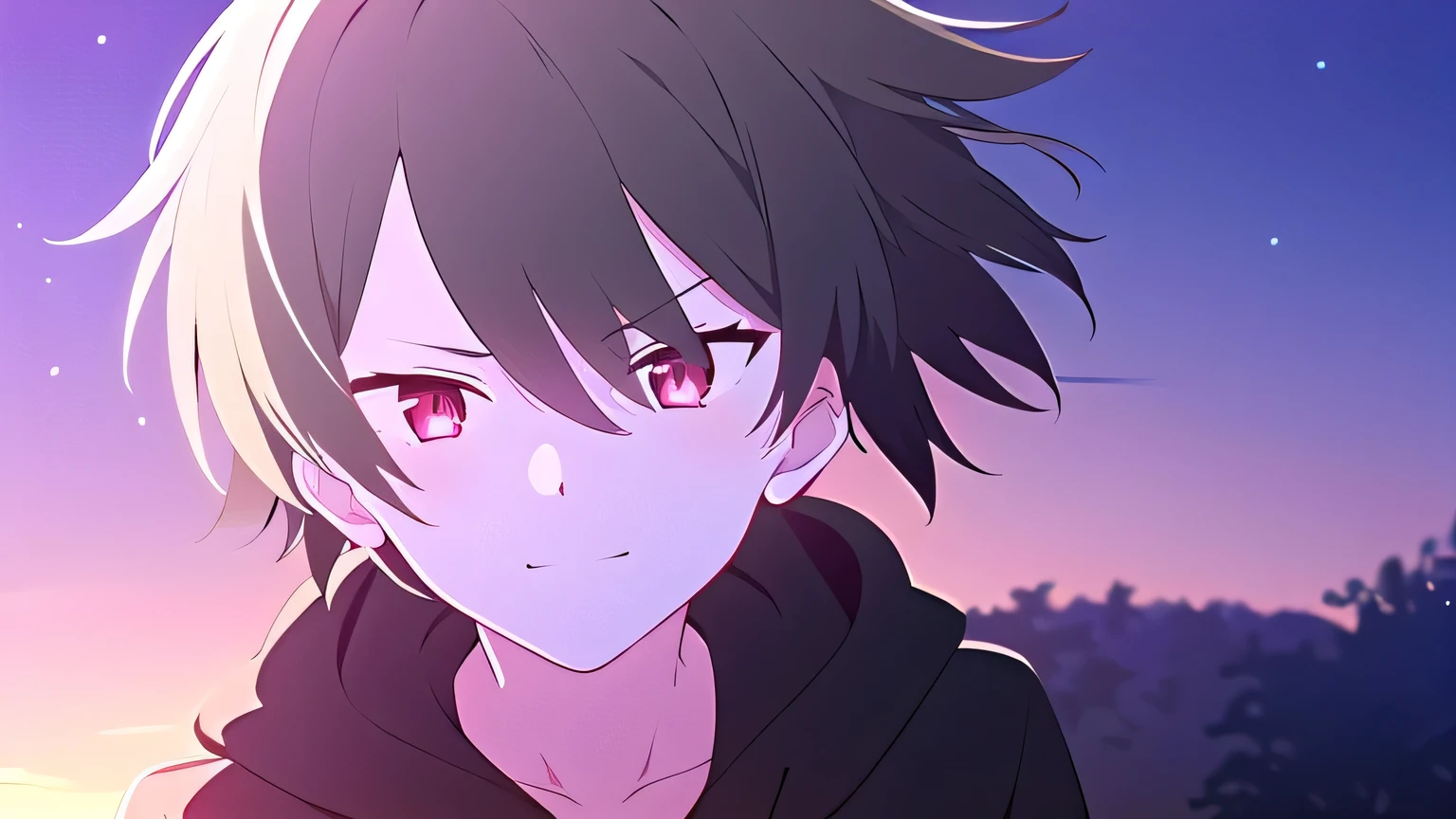 skinny, small kneck,solo, 1boy, man, male A gloomy appearance,innocent smile,very short hair, short cut hair, black hair, red eyes,messy hair, bangs, messy bangs, cowlick, black hoodie, upper body, theme dark, sunset background,