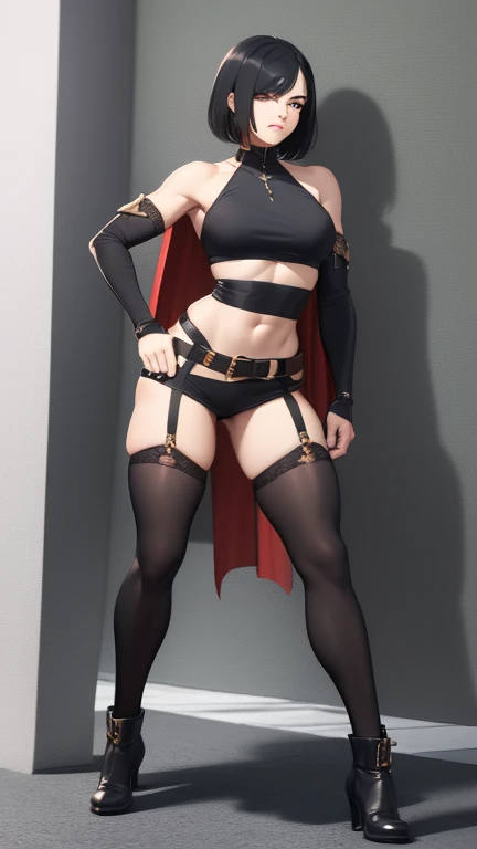 ((melhor qualidade)), ((obra de arte)), (detalhado), Female warrior, half naked, short black hair, scar left eye,  bronze skin, red lips, amber eyes, muscular, wide hips, large breasts, holding a giant sword, ragged red shoulder cape, arm sleeves, belt on legs, right steel plate gauntlet, steel boots, bottomless, long leather socks, full body view