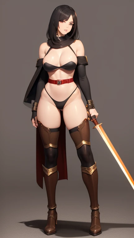 ((melhor qualidade)), ((obra de arte)), (detalhado), Female warrior, half naked, short black hair, scar left eye,  bronze skin, red lips, amber eyes, muscular, wide hips, large breasts, holding a giant sword, ragged red shoulder cape, arm sleeves, belt on legs, right steel plate gauntlet, steel boots, bottomless, long leather socks, full body view