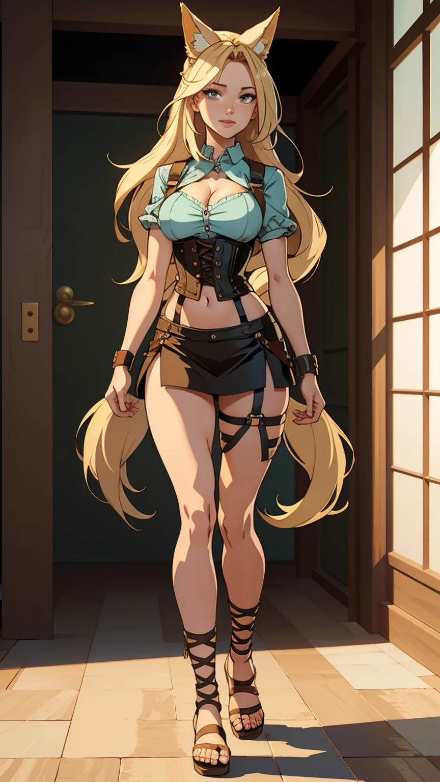 ((Full body photo, standing, feet on the floor)) Beautiful 2 girl, full body, ager, alone, (very long waist-length blonde hair, straight blonde hair: 1.28), ((light blue eyes )), fair skin, (large, darker fox ears: 1.35), fair skin, medium breasts, cleavage, (thin hips, slim waist, athletic body: 1.25), bottom, looking away, ( wears short tunic made of green fabric, leather skirt, van suspenders, lace-up sandals, hair clip: 1.1), walking on the sand, masterpiece, best quality, 3D rendering work, 3DMM style, close-up, portrait , 3D,knee-high gladiator sandals