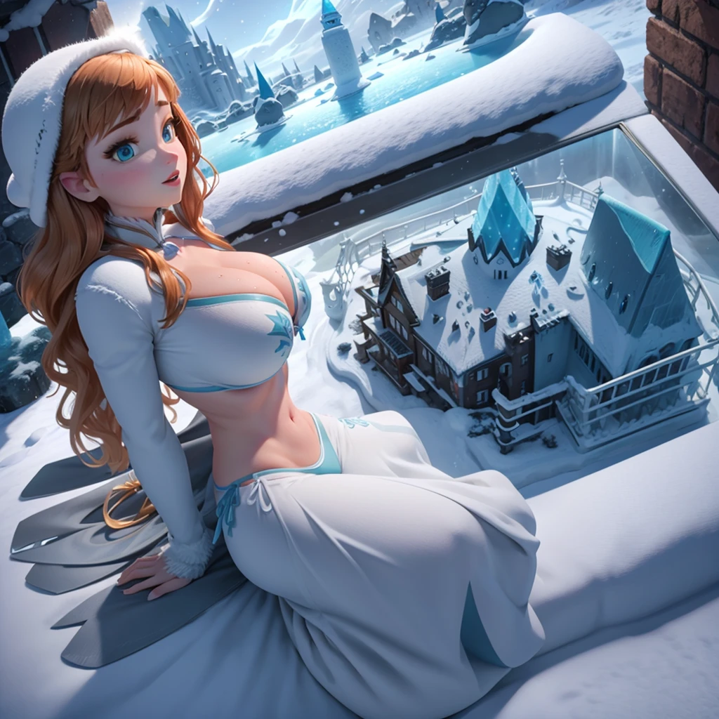 Anna with big breasts in a micro bikini in an ice castle in the snow