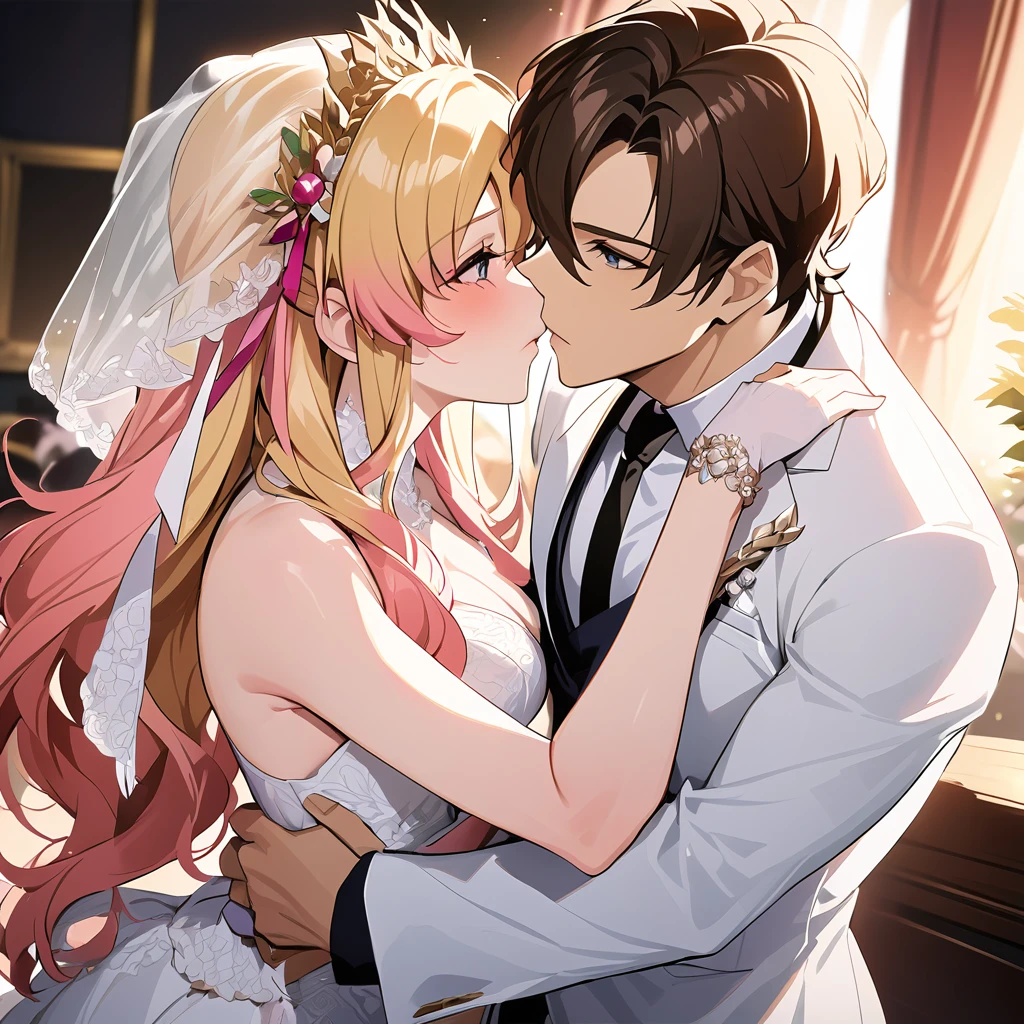 ((Highest quality)), ((masterpiece)), (detailed), (Perfect Face)、The woman is embracing Orpheus, a handsome man with long blonde hair wearing a white tuxedo, and they are kissing passionately in oath.、The woman is Lacus Clyne, the Queen of Accord and wife of Orpheus, King of Accord. She is wearing a vintage wedding dress and wedding veil with gorgeous gold embroidery and trim, an engagement ring, beautifully decorated accessories, and a gorgeous hair ornament. She has medium-long pink hair.、Beloved wife of Orpheus, King of Accord