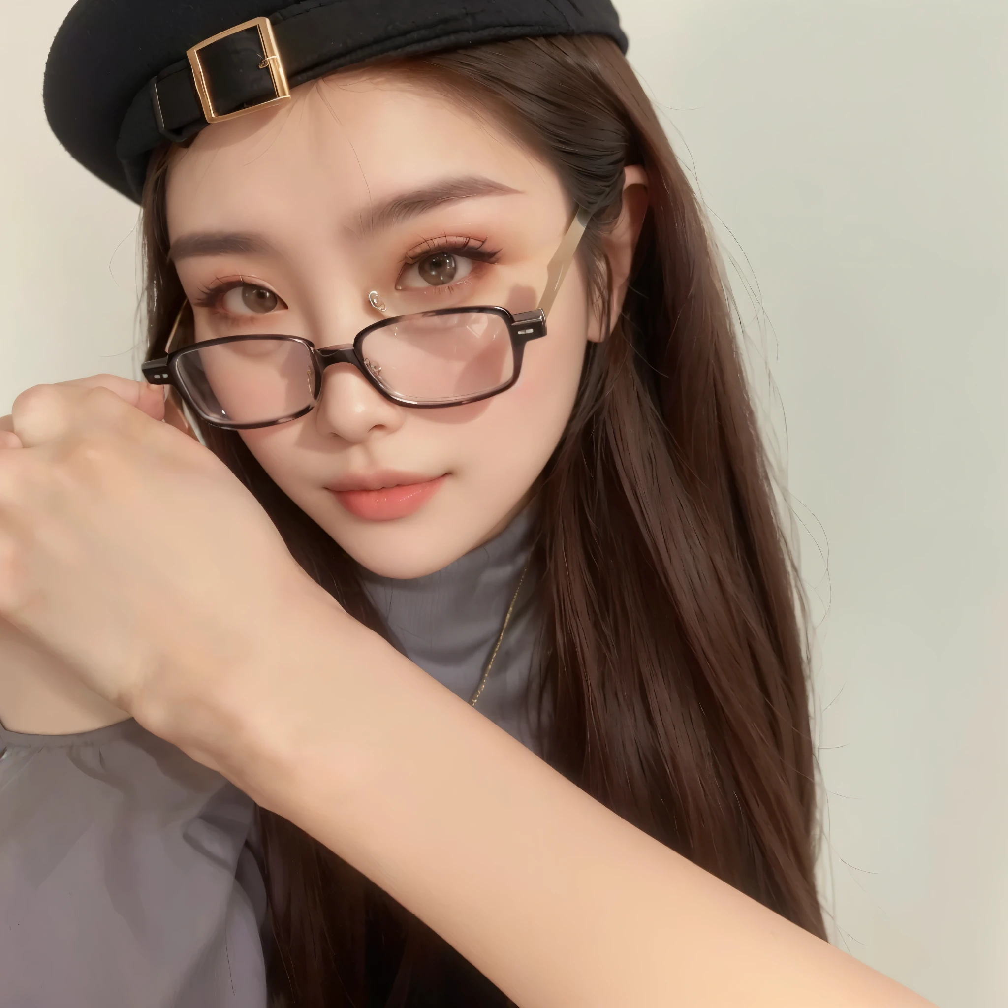there is a woman with glasses and a hat posing for a picture, with square glasses, with glasses, small square glasses, ulzzang, korean girl, belle delphine, with black eyeglasses, wearing square glasses, clear lips and high quality, wearing black frame glasses, dilraba dilmurat, with sunglass, girl with glasses, square glasses