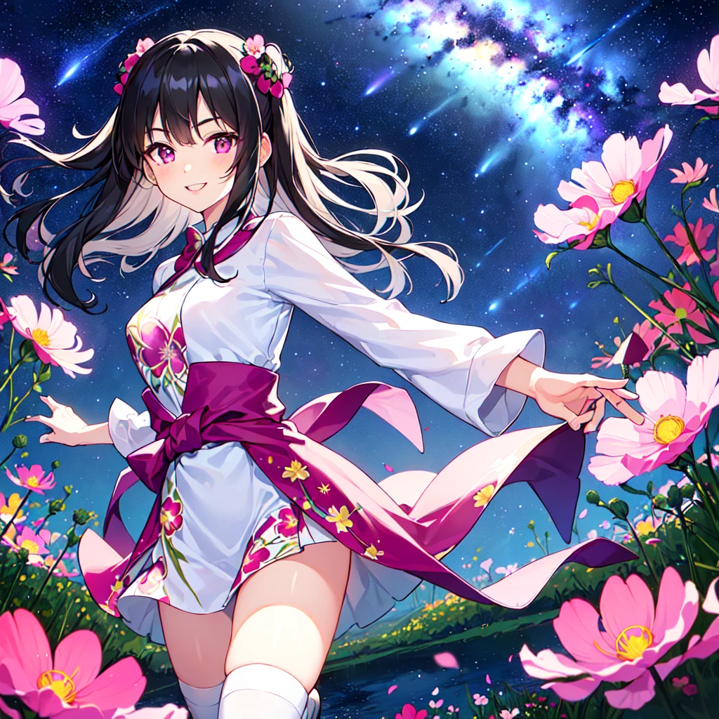 masterpiece, best quality, high quality, extremely detailed, very delicate and beautiful, (1 female 18 years old solo:1.5), (long black hair up to waist with two-side up:1.5), bangs to eyebrows, eyes (eyes sharp, strong, glossy, glossy eyebrows), (eye color magenta:1.3), 6.5 head height, (cosmos flower print fashion:1.3), knee socks, lace, ruffles, (smiling), (running:1.3), (smiling), (dynamic pose), (background cosmos flower field:1.3) ,(Milky Way Night Sky:1.3), (upper body:1.3)