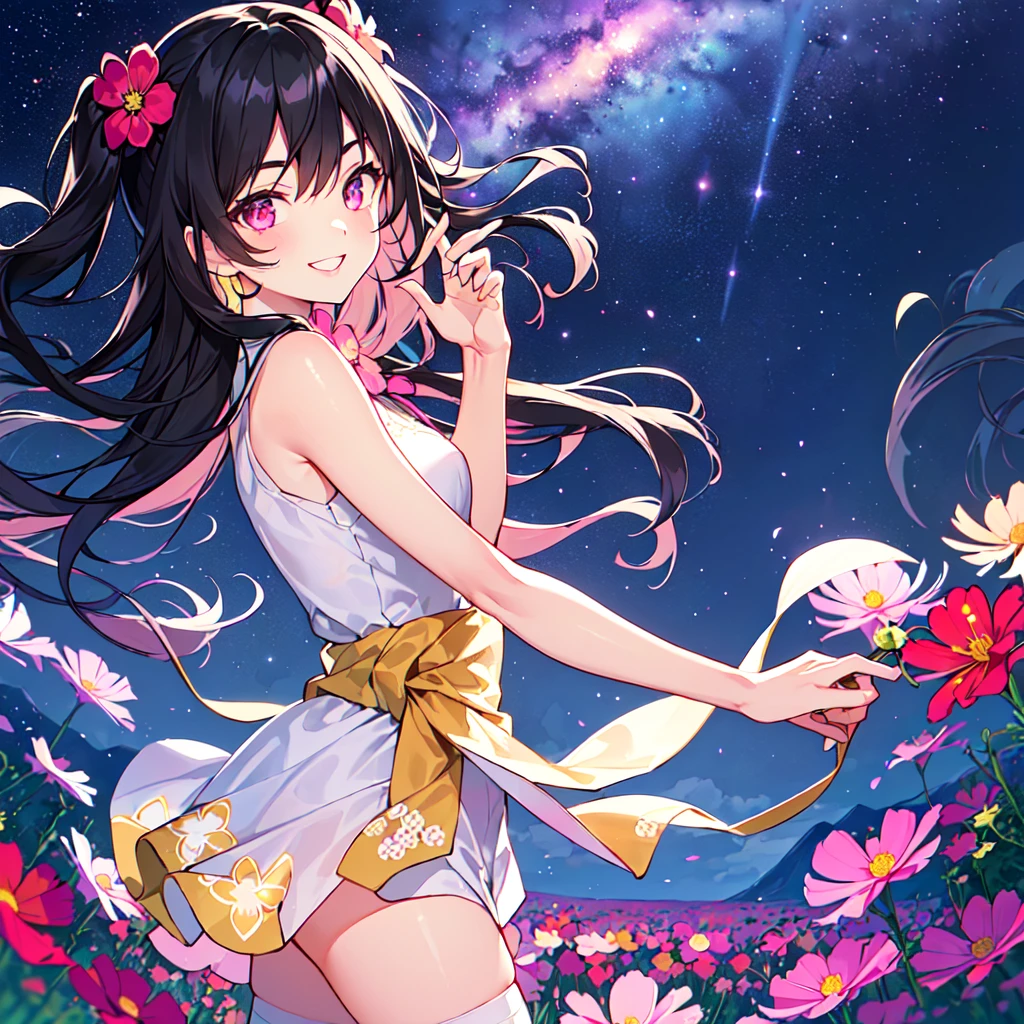 masterpiece, best quality, high quality, extremely detailed, very delicate and beautiful, (1 female 18 years old solo:1.5), (long black hair up to waist with two-side up:1.5), bangs to eyebrows, eyes (eyes sharp, strong, glossy, glossy eyebrows), (eye color magenta:1.3), 6.5 head height, (cosmos flower print fashion:1.3), knee socks, lace, ruffles, (smiling), (running:1.3), (smiling), (dynamic pose), (background cosmos flower field:1.3) ,(Milky Way Night Sky:1.3), (upper body:1.3)