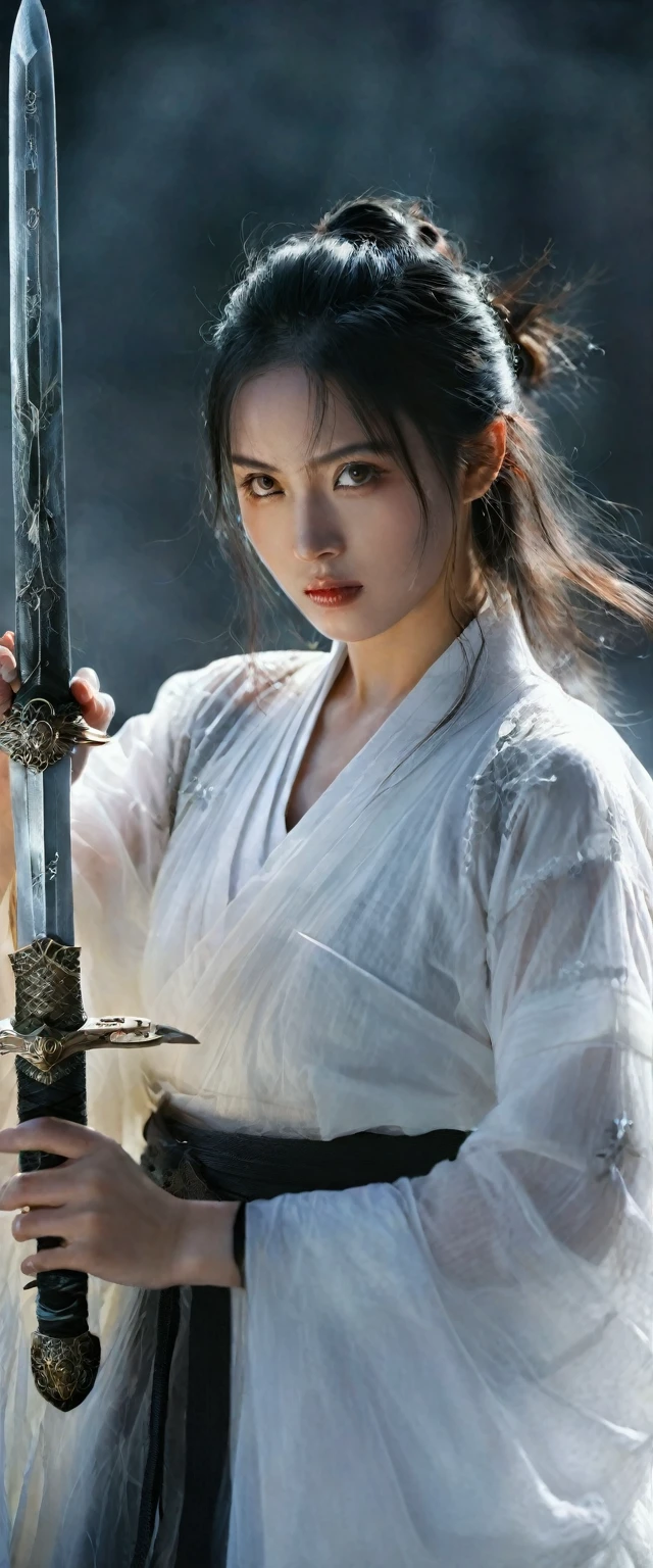 Japanese female swordsman, Black-haired beauty, Dark Eyes, Raw Lens, (Clear focus:1.5), (reality:1.4), dusk lighting, Volumetric lighting, Ultra-high resolution, 16K,Dramatic lighting, White Background：1.5），Glowing Sword,(Combat Stance),Hold the hilt of your sword tightly in your hand，1 sword，Lonely, war, Depth of written boundary, Dreamy atmosphere, The most beautiful form of chaos, A dark theme with a brutalist design, flowers of death, flowers of ecstasy，Glowing Lines,Glow Example，Tracking example，flash， Backlight，translucent，Particles of light，exit，Xianxia