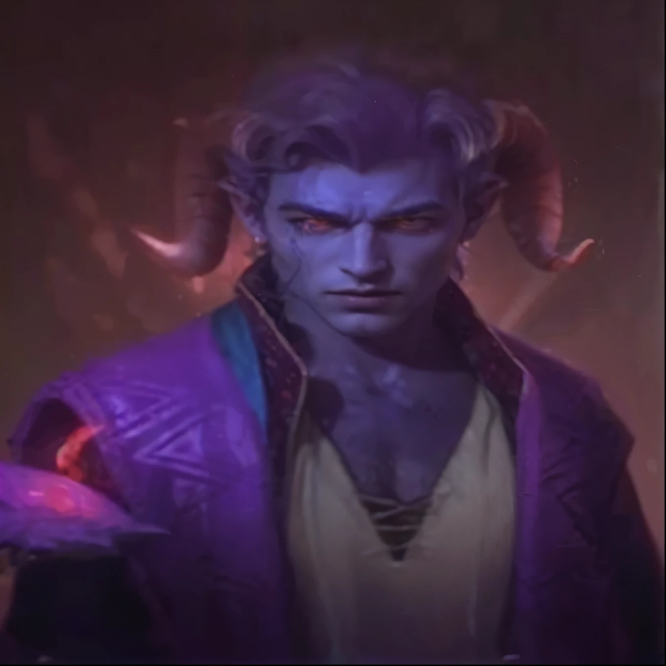 a man with horns and a purple jacket holding a red sign, tiefling, blue tiefling, djinn male man demon, cosmic tiefling d&d, male djinn man demon hybrid, seductive tiefling druid, attractive tiefling druid, Human Djinn Hybrid, evil sorcerer, tiefling sorceress, dnd retrato de um tiefling white hair