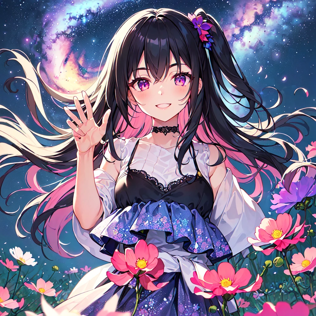 masterpiece, best quality, high quality, extremely detailed, very delicate and beautiful, (1 female 18 years old solo:1.5), (long black hair up to waist with two-side up:1.5), bangs to eyebrows, eyes (eyes sharp, strong, glossy, glossy eyebrows), (eye color magenta:1.3), 6.5 head height, (cosmos flower print fashion:1.3), knee socks, lace, ruffles, (smiling), (running:1.3), (smiling), (dynamic pose), (background cosmos flower field:1.3) ,(Milky Way Night Sky:1.3), (upper body:1.3), (upper body:1.3)