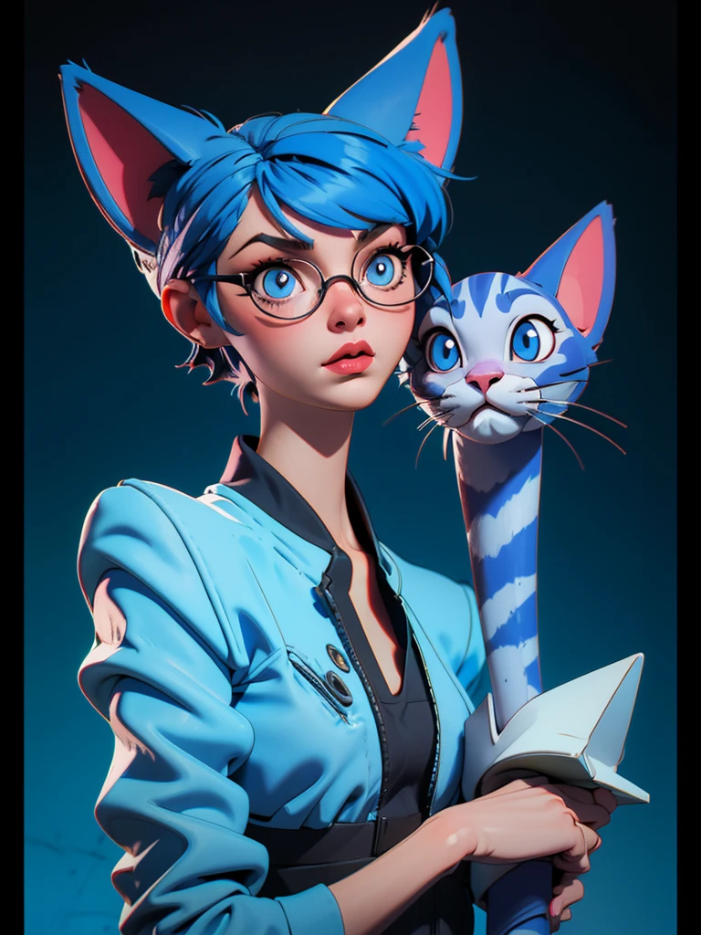 barber cat, sunglasses, blue cat, whole body, drawning, cartoon, 3d