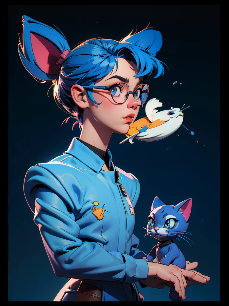 barber cat, sunglasses, blue cat, whole body, drawning, cartoon, 3d