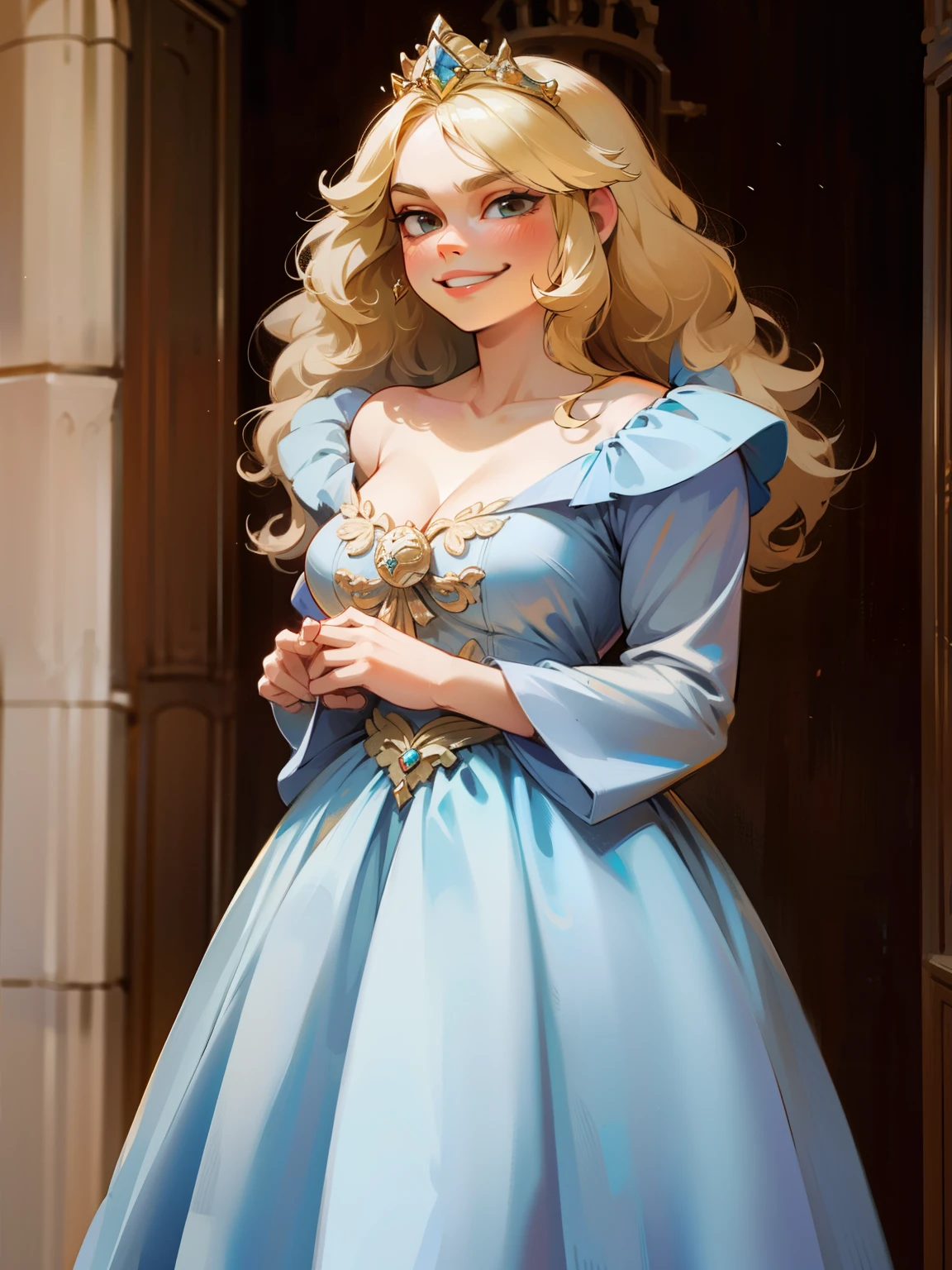 woman, blonde fluffy hair, dress, princess, smug smile