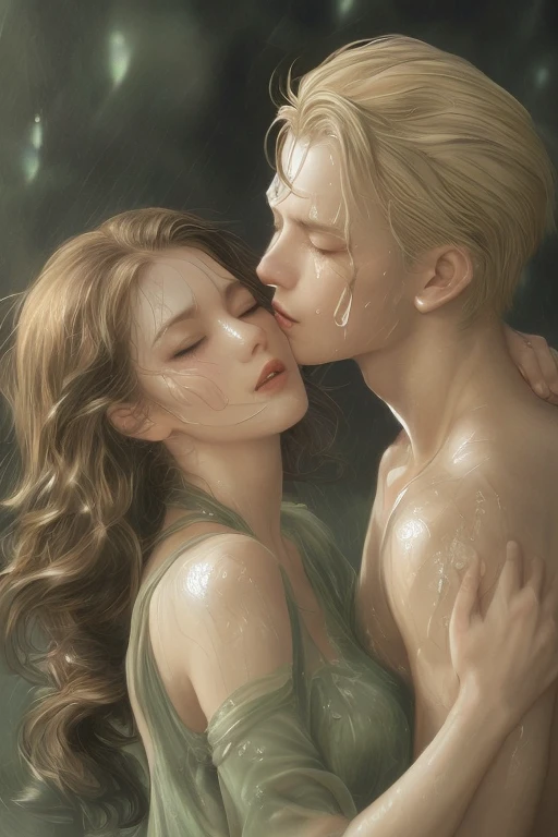 Soft lighting、Dramatic Shadows、A calming color palette、

Couple: Blond man (expensive, Statue-like, good looking, A brave young man with blue eyes, Curly blonde, Wearing an antique grey military uniform) He embraces the dark-haired woman (Sensual woman、Beautiful and detailed、Beautiful and delicate lips、Highly detailed face、Long eyelashes、Elegant appearance、Gothic Dress、A beautiful young femme fatale, she has blackberry eyes, Black panties、Sensual pose、Bold Pose、The skin is damp、sweating、Expressions of Ecstasy、Heavily wet、With water droplets). They are in love with each other. Sketch of、Beautiful Face, Beautiful Face立ち, Perfect image, , Full body image, Detailed Images, Highly detailed illustration, Carefully drawn.Watercolor