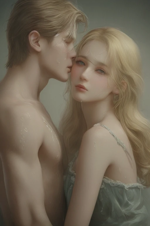 Soft lighting、Dramatic Shadows、A calming color palette、
Couple: Blond man (expensive, Statue-like, good looking, A brave young man with blue eyes, Curly blonde, Wearing an antique grey military uniform) He embraces the dark-haired woman (Sensual woman、Beautiful and detailed、Beautiful and delicate lips、Highly detailed face、Long eyelashes、Elegant appearance、Gothic Dress、A beautiful young femme fatale, she has blackberry eyes, Black panties、Sensual pose、Bold Pose、The skin is damp、sweating、Expressions of Ecstasy、Heavily wet、With water droplets). They are in love with each other. Sketch of、Beautiful Face, Beautiful Face立ち, Perfect image, , Full body image, Detailed Images, Highly detailed illustration, Carefully drawn.Watercolor