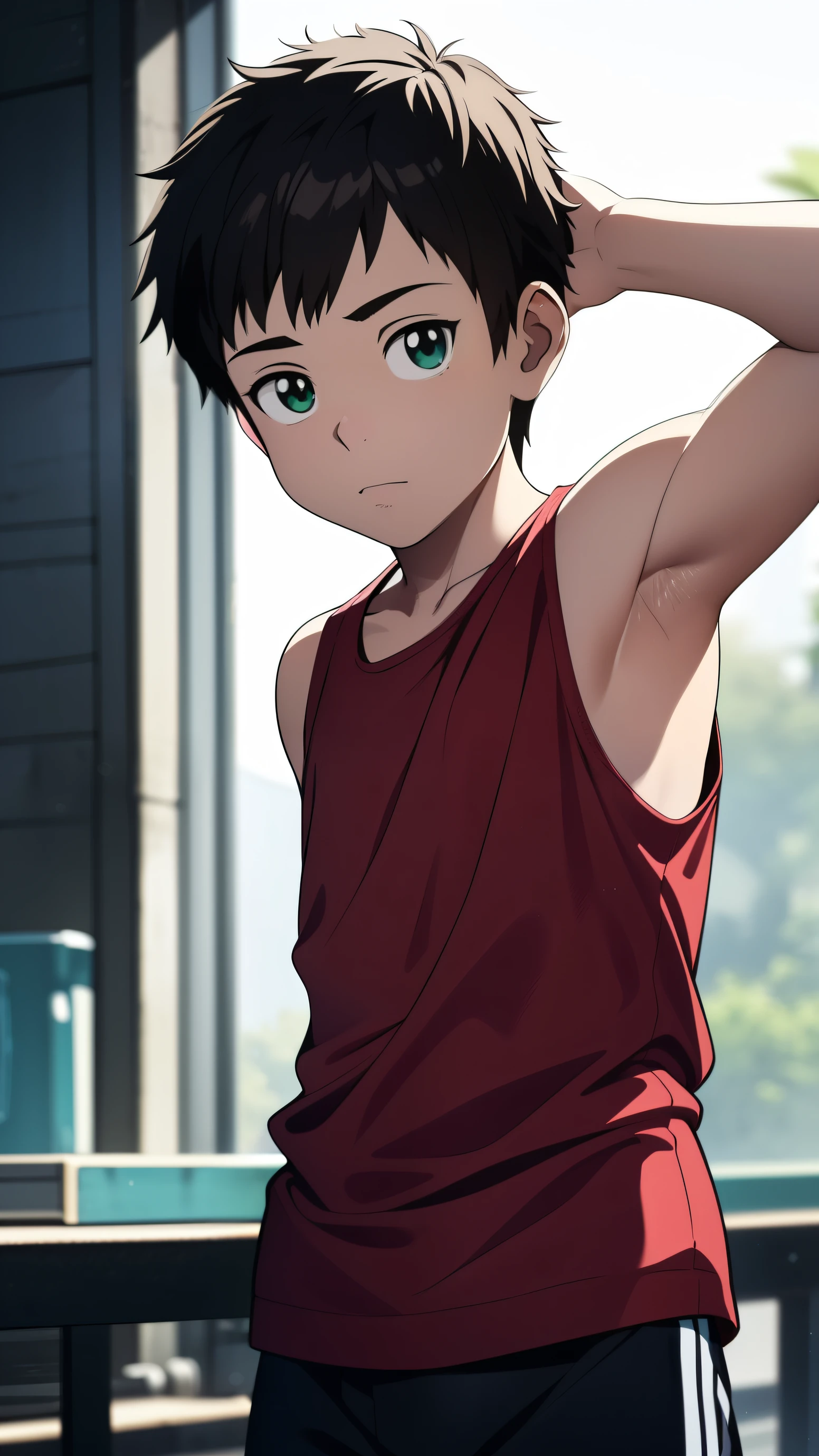 Highres, Masterpiece, Best quality at best,Best Quality,hight quality, hight detailed, Anime style, 1boy, Shota, Young boy, Solo person, Green tank top, Upper body, Seen from the front, looking at viewer, (Very young boy), (very small and short body), ***************s, (Showing armpit:1.3), Cute boy, Uhd, bokeh, Simpele beckground, 8k photo, best quality, beautiful lighting, intricate details, photorealistic, photo, masterpiece, realistic, photorealism, detailed, hyper detailed, best quality, ultra high res, high resolution, detailed, raw photo, detailed face, detailed eyes