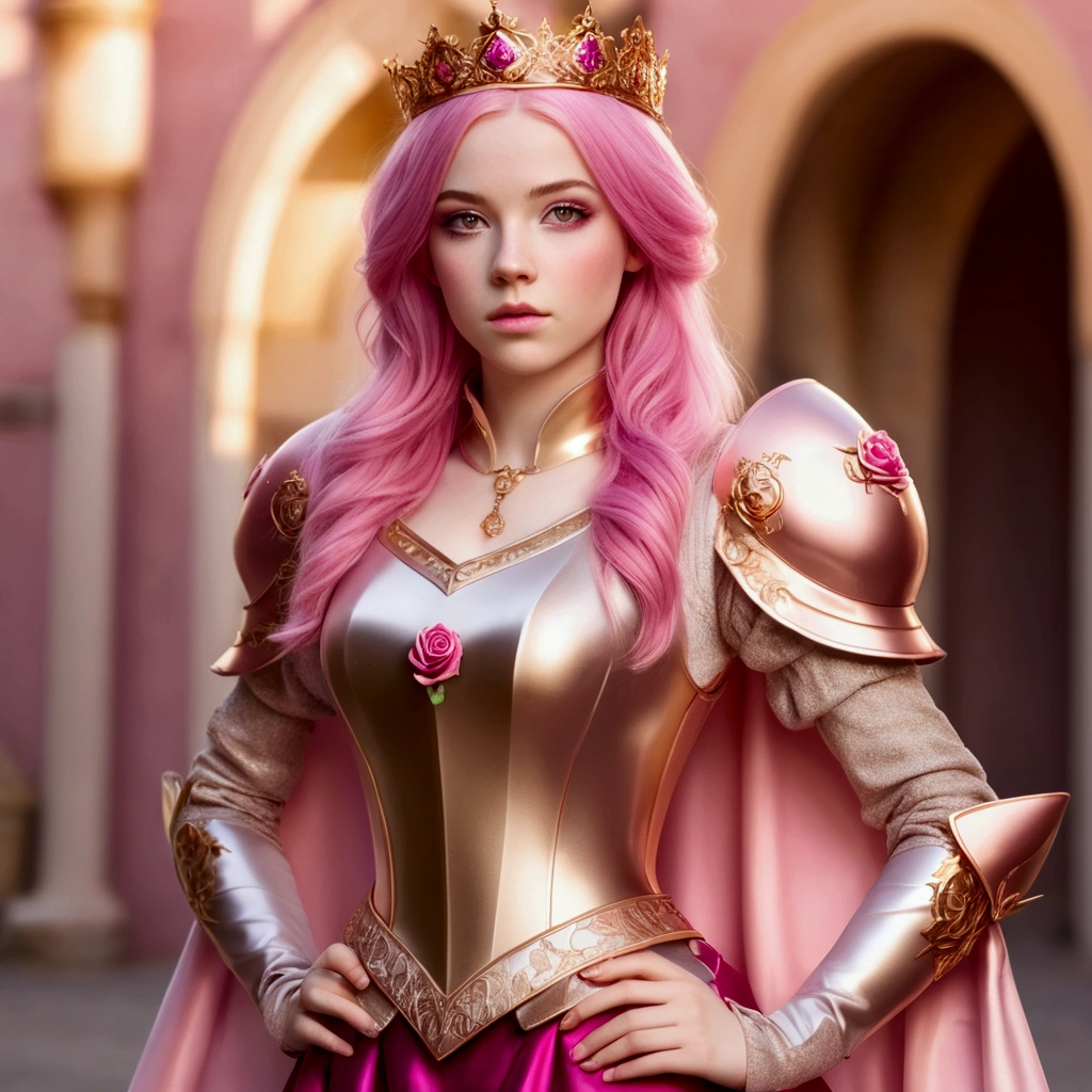 Fair skinned pink haired European young woman magenta eyes pink gold rose gold color themed princess knight outfit Realistic Photo Full Body Shot