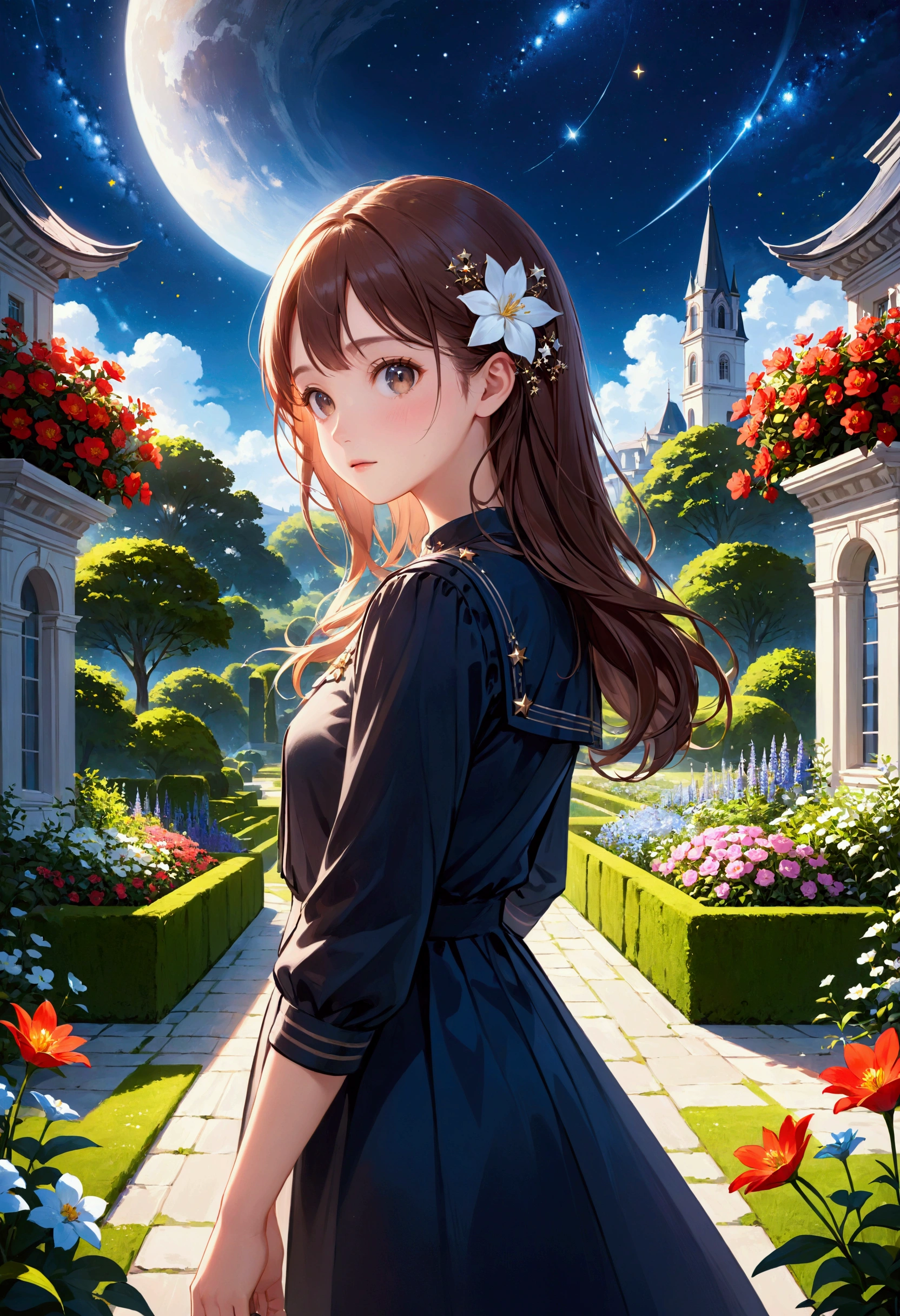 Highest quality, expensive_solve, clear_image, Detailed Background, girl, flower, garden, Starry Sky,