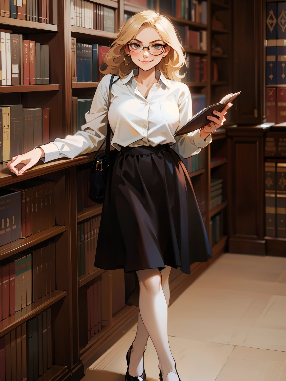 woman, blonde fluffy hair, white shirt, brown long skirt, black pantyhose, black heels, glasses, librarian, writer, poet, smug smile