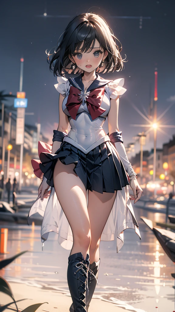 High resolution，Detailed Description，Highest quality，(Sailor Warrior Uniform),Sailor Saturn，Black Hair，universe，leotard，High Leg，Purple Skirt，Knee-high boots，Elbow Handbag，Thick thighs，The skirt is short,スカートの下に白色のleotardが見える，The skirt is blown away by the wind，blush，Embarrassed expression，Open your mouth，