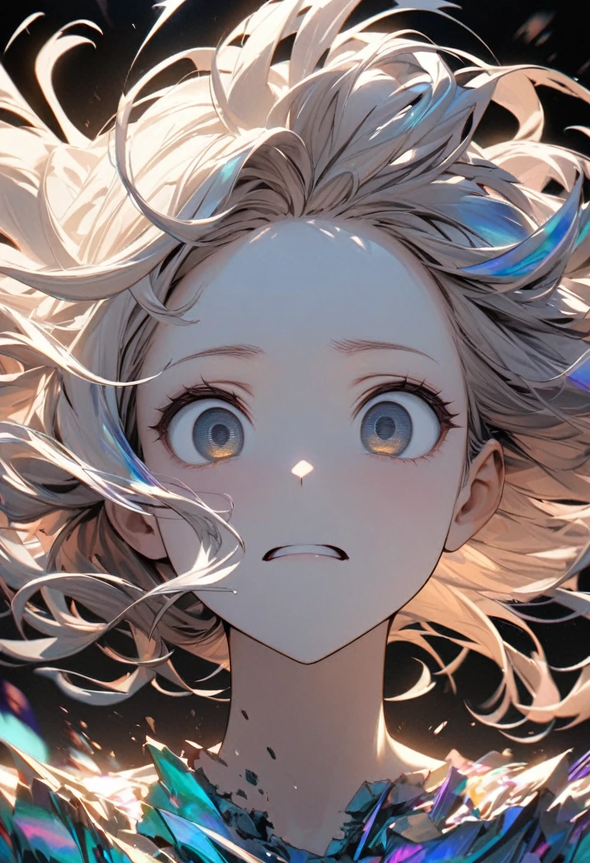 Face up, portrait, Best quality, super excellent, 16 thousand., incredibly absurd, extremely detailed, 2.5d, gentle and dynamic, beautiful woman, brilliant iridescent pupils, EMPTY EYES, messy wavy short ivory hair, forehead, captivating look, excited expression, great effects, background destruction