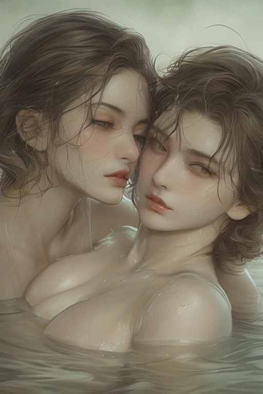 Soft lighting、Dramatic Shadows、A calming color palette、
Couple: male (expensive, Statue-like, good looking, A brave young man with blue eyes, Curly blonde, Wearing an antique grey military uniform) He embraces the dark-haired woman (Sensual woman、Beautiful and detailed、Beautiful and delicate lips、Highly detailed face、Long eyelashes、Elegant appearance、Gothic Dress、A beautiful young femme fatale, she has blackberry eyes, Black panties、Sensual pose、Bold Pose、The skin is damp、sweating、Expressions of Ecstasy、Heavily wet、With water droplets). They are in love with each other. Sketch of、Beautiful Face, Beautiful Face立ち, Perfect image, , Full body image, Detailed Images, Highly detailed illustration, Carefully drawn.Watercolor