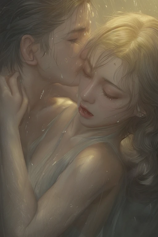 Soft lighting、Dramatic Shadows、A calming color palette、
Couple: male (expensive, Statue-like, good looking, A brave young man with blue eyes, Curly blonde, Wearing an antique grey military uniform) He embraces the dark-haired woman (Sensual woman、Beautiful and detailed、Beautiful and delicate lips、Highly detailed face、Long eyelashes、Elegant appearance、Gothic Dress、A beautiful young femme fatale, she has blackberry eyes, Black panties、Sensual pose、Bold Pose、The skin is damp、sweating、Expressions of Ecstasy、Heavily wet、With water droplets). They are in love with each other. Sketch of、Beautiful Face, Beautiful Face立ち, Perfect image, , Full body image, Detailed Images, Highly detailed illustration, Carefully drawn.Watercolor