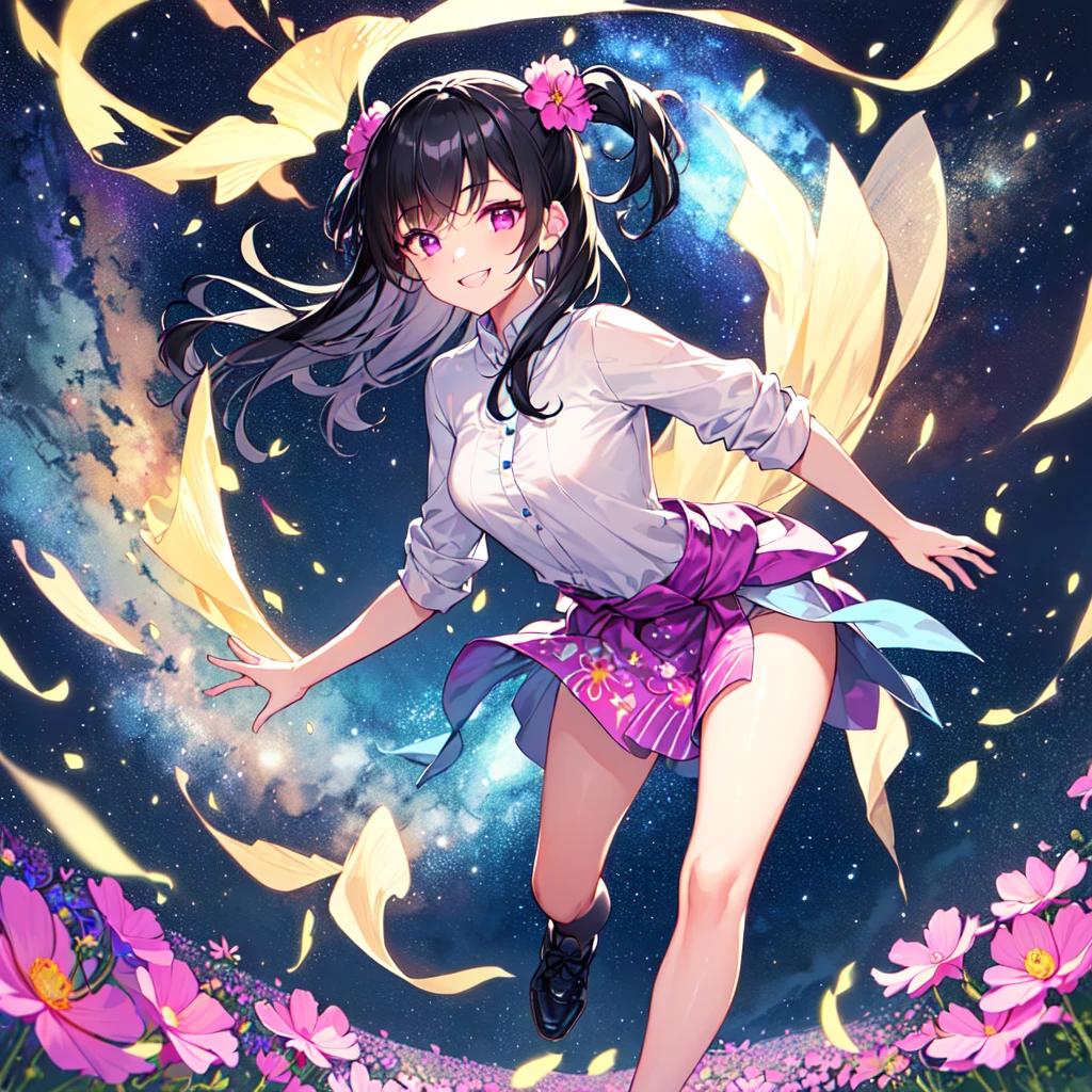 masterpiece, best quality, high quality, extremely detailed, very delicate and beautiful, (1 female 18 years old solo:1.5), (long black hair up to waist with two-side up:1.5), bangs to eyebrows, eyes (eyes sharp, strong, glossy, glossy eyebrows), (eye color magenta:1.3), 6.5 head height, (cosmos flower print fashion:1.3), knee socks, lace, ruffles, (smiling), (running:1.3), (smiling), (dynamic pose), (background cosmos flower field:1.3) ,(Milky Way Night Sky:1.3)