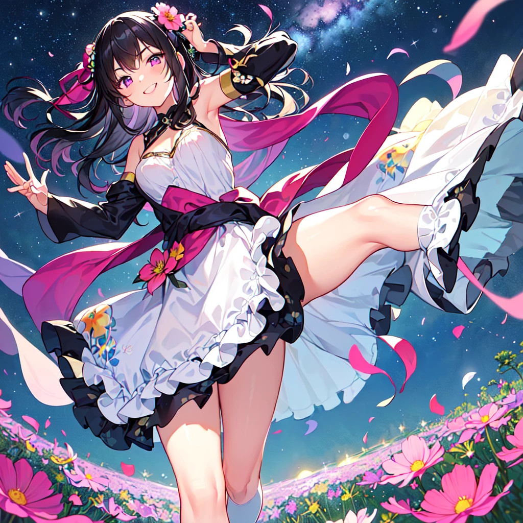 masterpiece, best quality, high quality, extremely detailed, very delicate and beautiful, (1 female 18 years old solo:1.5), (long black hair up to waist with two-side up:1.5), bangs to eyebrows, eyes (eyes sharp, strong, glossy, glossy eyebrows), (eye color magenta:1.3), 6.5 head height, (cosmos flower print fashion:1.3), knee socks, lace, ruffles, (smiling), (running:1.3), (smiling), (dynamic pose), (background cosmos flower field:1.3) ,(Milky Way Night Sky:1.3)