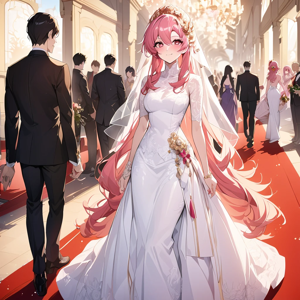 ((Highest quality)), ((masterpiece)), (detailed), （Perfect Face）、The woman, Lux Ram Tao, has medium-long pink hair and is happily walking down the red carpet aisle alongside Orpheus, a handsome man with slightly longer blonde hair and wearing a white tuxedo.、The woman is Queen of Accord, wife of King Orpheus of Accord, wearing a vintage wedding dress and wedding veil with gorgeous gold embroidery and trim, an engagement ring, beautifully decorated accessories, and gorgeous hair ornaments. She is named Lux Lam Tao and has medium-long pink hair.、Beloved wife of Orpheus, King of Accord