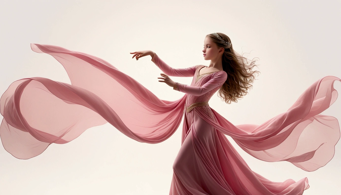 Dance photography;White background,A dancer;A 9-year-old girl in a pink princess dress,The movements of the dance;Long hair shawl。whole body,front; Simple style;Depth of Field, Extraordinary details, masterpiece, high quality, 4K,