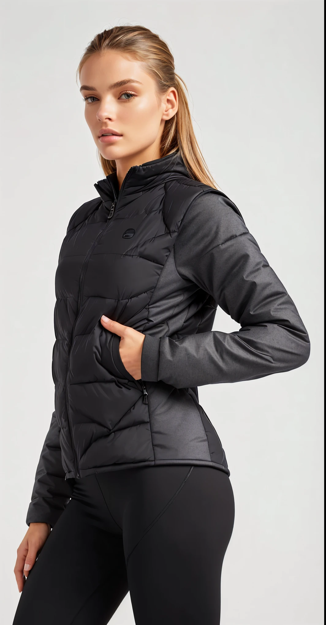 the back of a woman wearing a black jaket and leggings, model wears a puffer jaket, model is wearing technical vest, jaket, sports jaket, puffer jaket, sports clothes, wearing jaket, with two front pockets, photograph of a techwear woman, jaket over bare torso, detailed photo, detailed photo, nanocarbon-vest, 3/4 front view