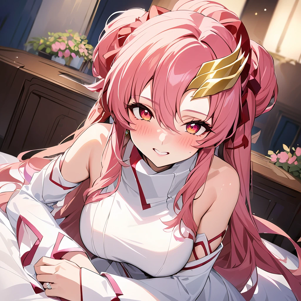 ((Highest quality)), ((masterpiece)), (detailed), (Perfect Face)、The woman is Lacus Lam Tao, a member of the Foundation and wife of Orpheus, King of Accord. She is wearing an engagement ring, beautifully decorated jewelry, and a gorgeous hair ornament.、Lacus, Lam, and Tao have medium-long pink hair and love Orpheus deeply and dearly.、Beloved wife of Orpheus, King of Accord