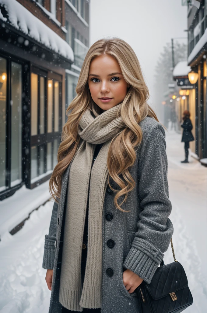 professional portrait photograph of a gorgeous Norwegian girl in winter clothing with long wavy blonde hair, sultry flirty look, gorgeous symmetrical face, cute natural makeup, wearing elegant warm winter fashion clothing, ((standing outside in snowy city street)), stunning modern urban environment, ultra realistic, concept art, elegant, highly detailed, intricate, sharp focus, depth of field, f/1. 8, 85mm, medium shot, mid shot, (((professionally color graded))), bright soft diffused light, (volumetric fog), trending on instagram, hdr 4k, 8k