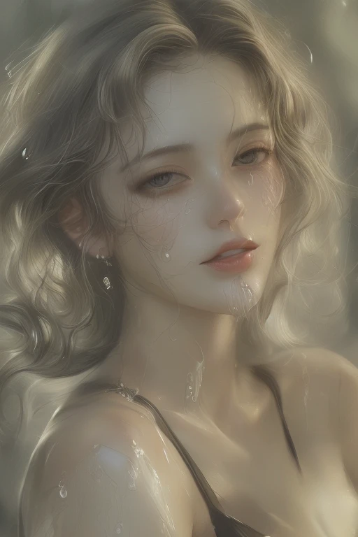 Soft lighting、Dramatic Shadows、A calming color palette、
Couple: male (expensive, Statue-like, good looking, A brave young man with blue eyes, Curly blonde, Wearing an antique grey military uniform) He embraces the dark-haired woman (Sensual woman、Beautiful and detailed、Beautiful and delicate lips、Highly detailed face、Long eyelashes、Elegant appearance、Gothic Dress、A beautiful young femme fatale, she has blackberry eyes, Black 、Sensual pose、Bold Pose、The skin is damp、sweating、Expressions of Ecstasyy wet、With water droplets). They are in love with each other. Sketch of、Beautiful Face, Beautiful Face立ち, Perfect image, , Full body image, Detailed Images, Highly detailed illustration, Carefully drawn.Watercolor