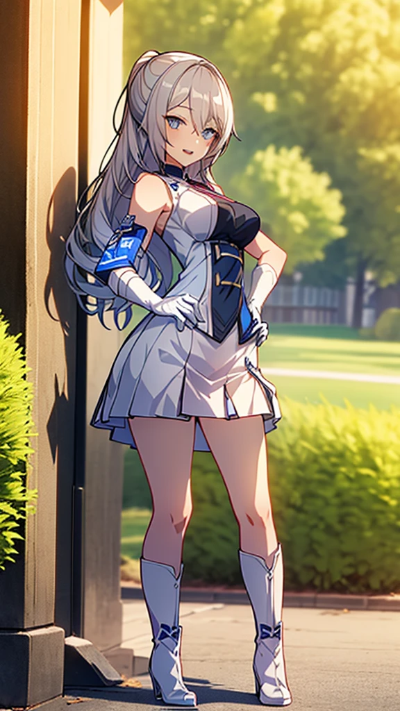 (full body),masterpiece, Highest quality, High resolution, One girl, alone, Grey Hair, Blue eyes, sunfes，band uniform, No sleeve, White gloves, Pleated skirt, Knee-high boots, Cowboy Shot, Hands on hips, smile, Open your mouth, Outdoor