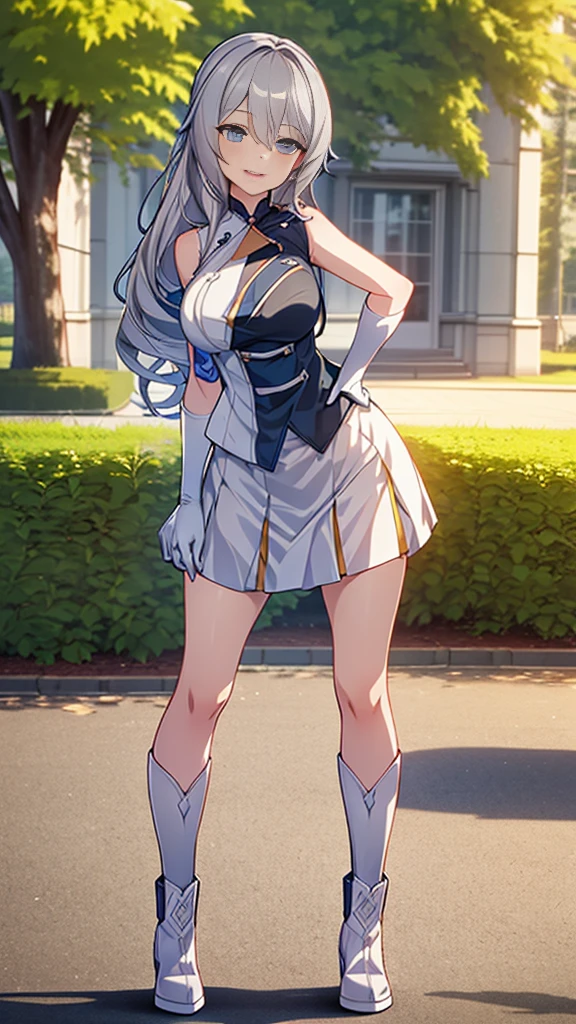 (full body),masterpiece, Highest quality, High resolution, One girl, alone, Grey Hair, Blue eyes, sunfes，band uniform, No sleeve, White gloves, Pleated skirt, Knee-high boots, Cowboy Shot, Hands on hips, smile, Open your mouth, Outdoor