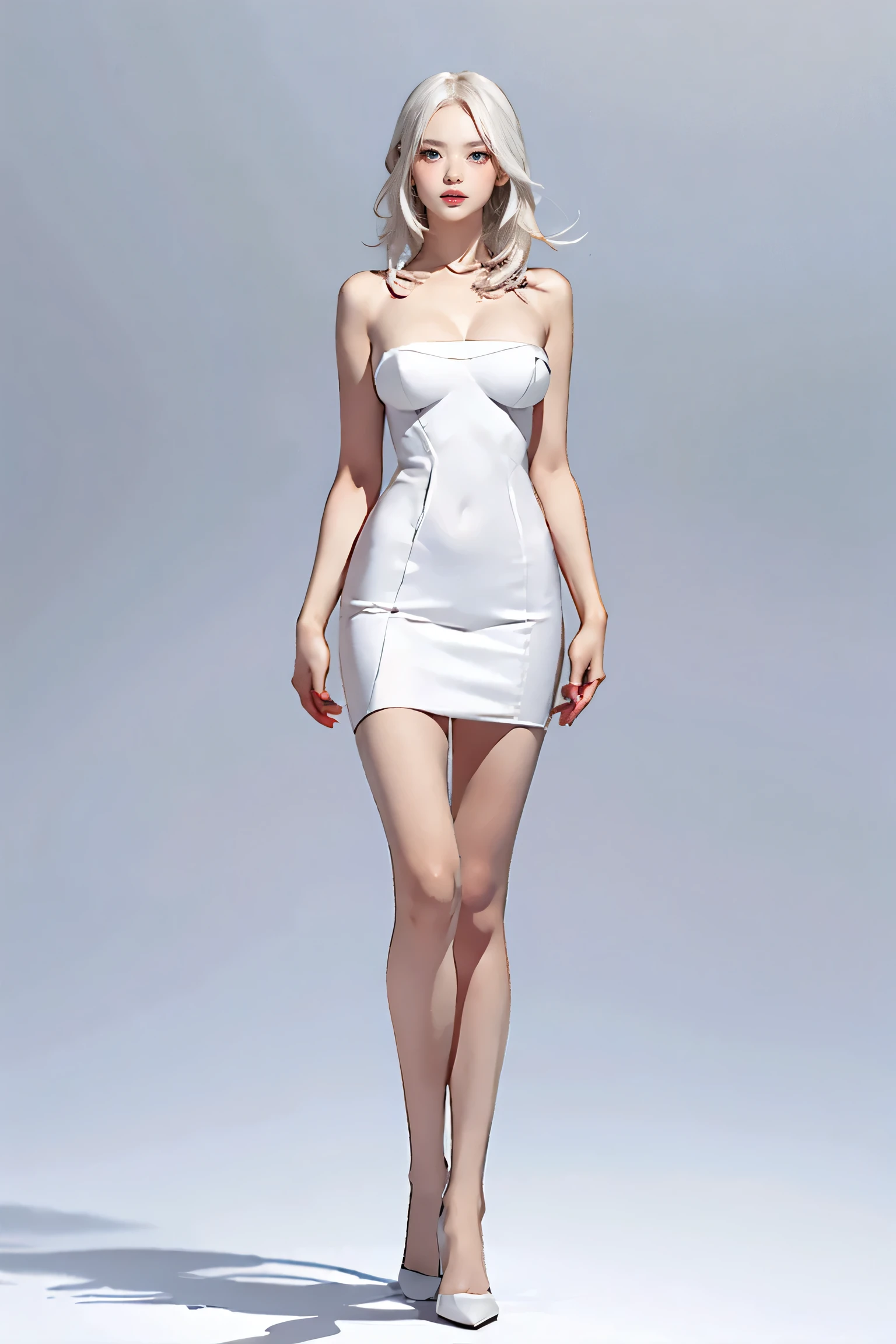 Master of animation, A perfect masterpiece, On a pure white background、Dressed in cool, sexy and modern clothes、Sexy mature modern woman standing, Flowing silver hair, Full Body Stand Posture, Thin legs, ((Large Breasts)), Detailed facial details, Natural and beautiful standing posture, Crisp and realistic body detail,(NSFW:0.9)