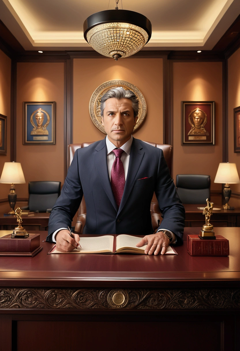 (Lawyer), acts as a mediator to assist both parties in resolving disputes through negotiation. The background is a professional mediation room with a fair icon hanging on the wall, full body, award-winning, cinematic still, emotional, vignette, dynamic, vivid, (masterpiece, best quality, photorealistic, Professional, perfect composition, very aesthetic, absurdres, ultra-detailed, intricate details:1.3)