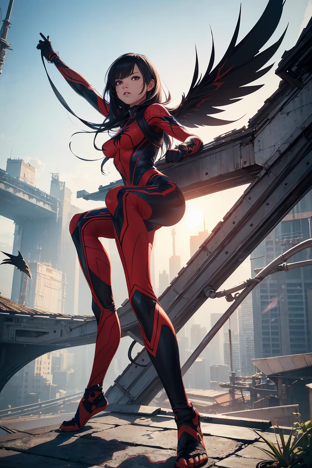 ((Full body photo, standing, feet on the ground)) Superhero Spidergirl, Cindy Moon a.k.a. Silk, comic accurate costume, on roof, combat stance, highly detailed, vibrant appearance, creative behavior, extremly detailed, imaginative, , spontaneous, highest quality, skin texture, intricate details, (cinematic lighting), RAW photo, 8k, masterpiece,best quality,ultra-detailed,very detailed illustrations,extremely detailed,intricate details,highres,super complex details,extremely detailed 8k cg wallpaper,