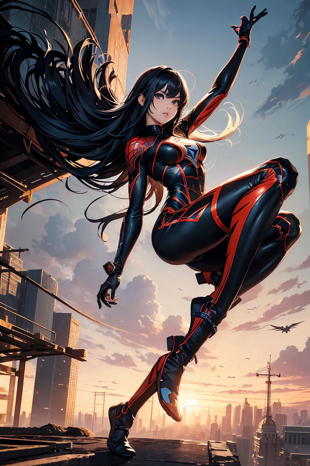 ((Full body photo, standing, feet on the ground)) Superhero Spidergirl, Cindy Moon a.k.a. Silk, comic accurate costume, on roof, combat stance, highly detailed, vibrant appearance, creative behavior, extremly detailed, imaginative, , spontaneous, highest quality, skin texture, intricate details, (cinematic lighting), RAW photo, 8k, masterpiece,best quality,ultra-detailed,very detailed illustrations,extremely detailed,intricate details,highres,super complex details,extremely detailed 8k cg wallpaper,