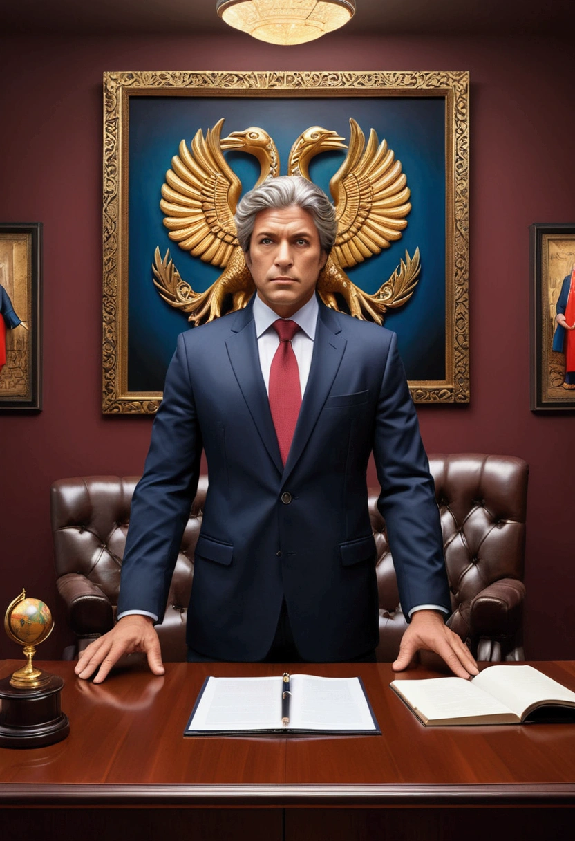 (Lawyer), acts as a mediator to assist both parties in resolving disputes through negotiation. The background is a professional mediation room with a fair icon hanging on the wall, full body, award-winning, cinematic still, emotional, vignette, dynamic, vivid, (masterpiece, best quality, photorealistic, Professional, perfect composition, very aesthetic, absurdres, ultra-detailed, intricate details:1.3)