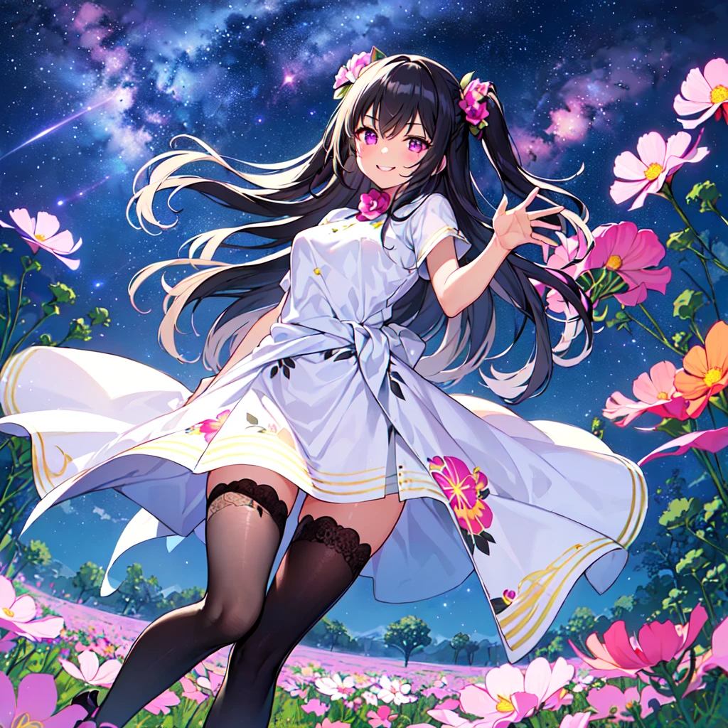 masterpiece, best quality, high quality, extremely detailed, very delicate and beautiful, (1 female 18 years old solo:1.5), (long black hair up to waist with two-side up:1.5), bangs to eyebrows, eyes (eyes sharp, strong, glossy, glossy eyebrows), (eye color magenta:1.3), 6.5 head height, (cosmos flower print fashion:1.3), knee socks, lace, ruffles, (smiling), (running:1.3), (smiling), (dynamic pose), (background cosmos flower field:1.3) ,(Milky Way Night Sky:1.3)