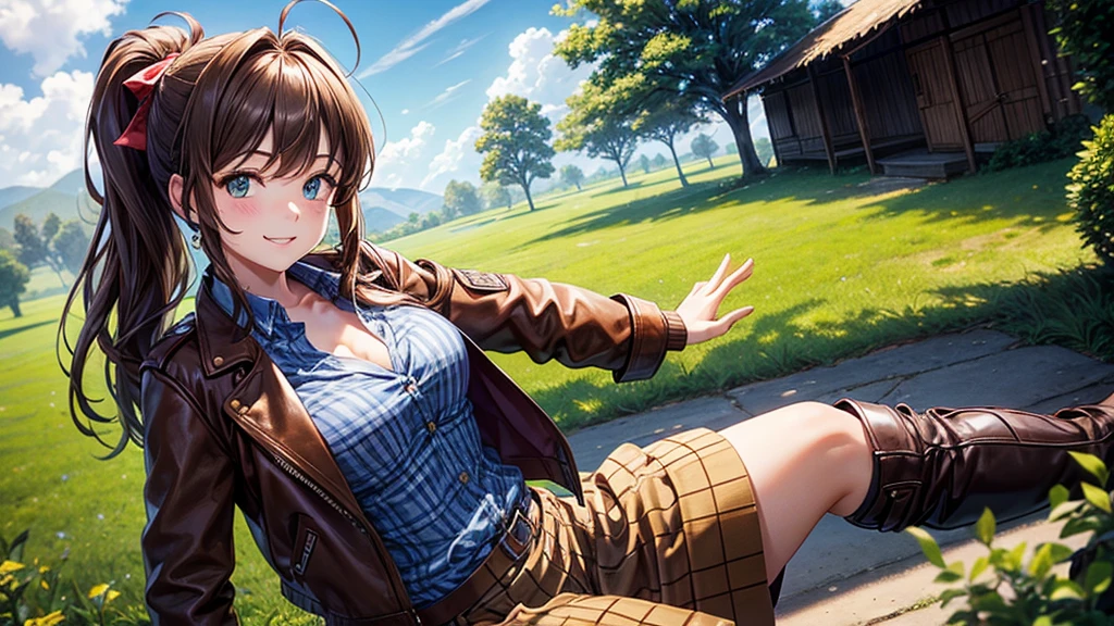 1girl, solo, village house, trees, sun, clouds, ((brown hair)), ponytail, large breasts, ((brown leather jacket)), button down shirt, ((blue checked shirt)), ((unbuttoned shirt)), unbuttoning buttons, cleavage 1:3, green eyes, long skirt, brown boots, smile, happy, looking at the viewer, standing, hair ribbon, golden necklate, wind