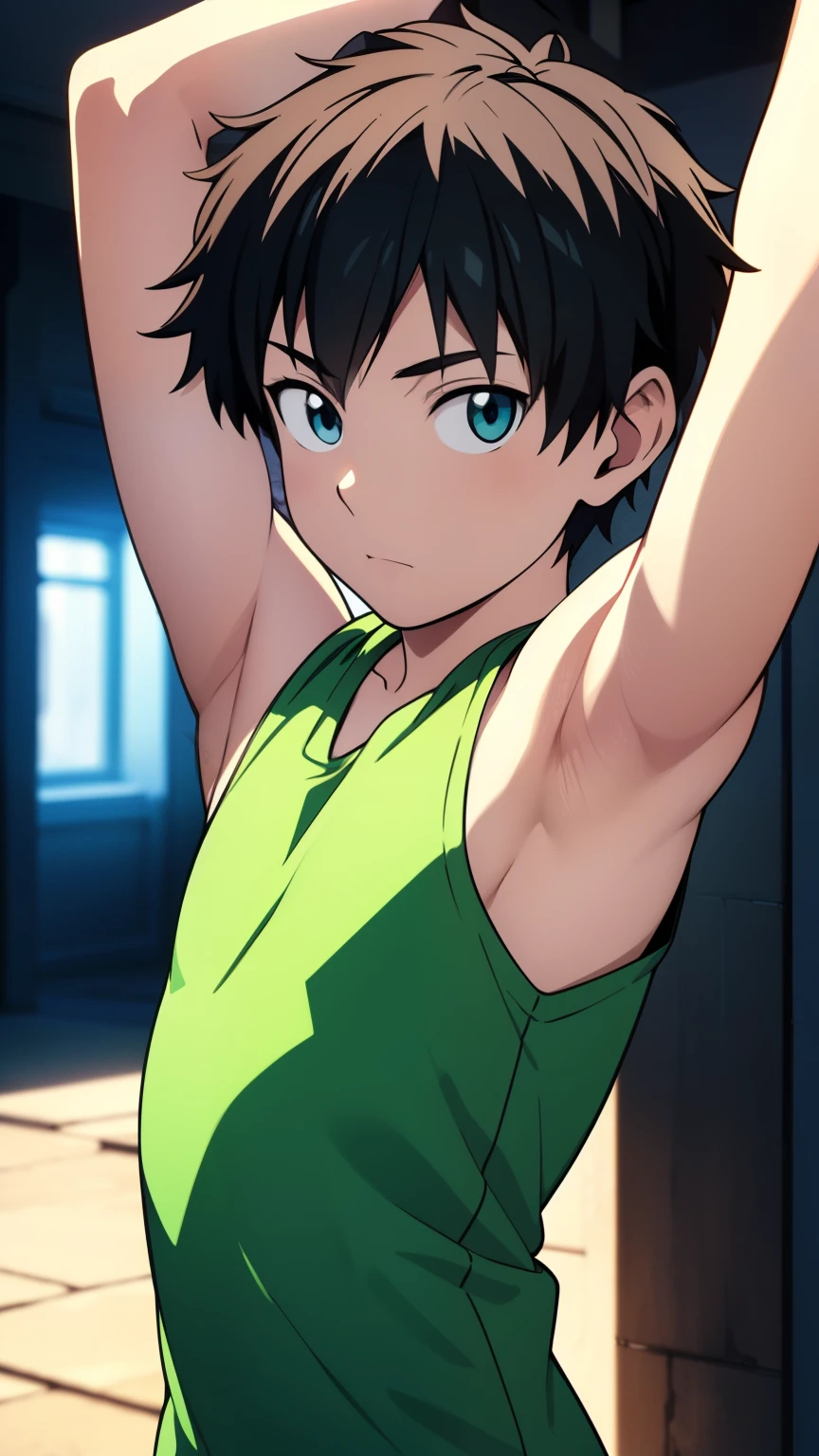 Highres, Masterpiece, Best quality at best,Best Quality,hight quality, hight detailed, Anime style, 1boy, Shota, Young boy, Solo person, Green tank top, Upper body, Seen from the front, looking at viewer, (Very young boy), (very small and short body), ***************s, (Showing armpit:1.3), Cute boy, Uhd, bokeh, Simpele beckground, 8k, wallpaper, best quality, beautiful lighting, intricate details, masterpiece, detailed, hyper detailed, best quality, ultra high res, high resolution, detailed, raw photo, detailed face, detailed eyes