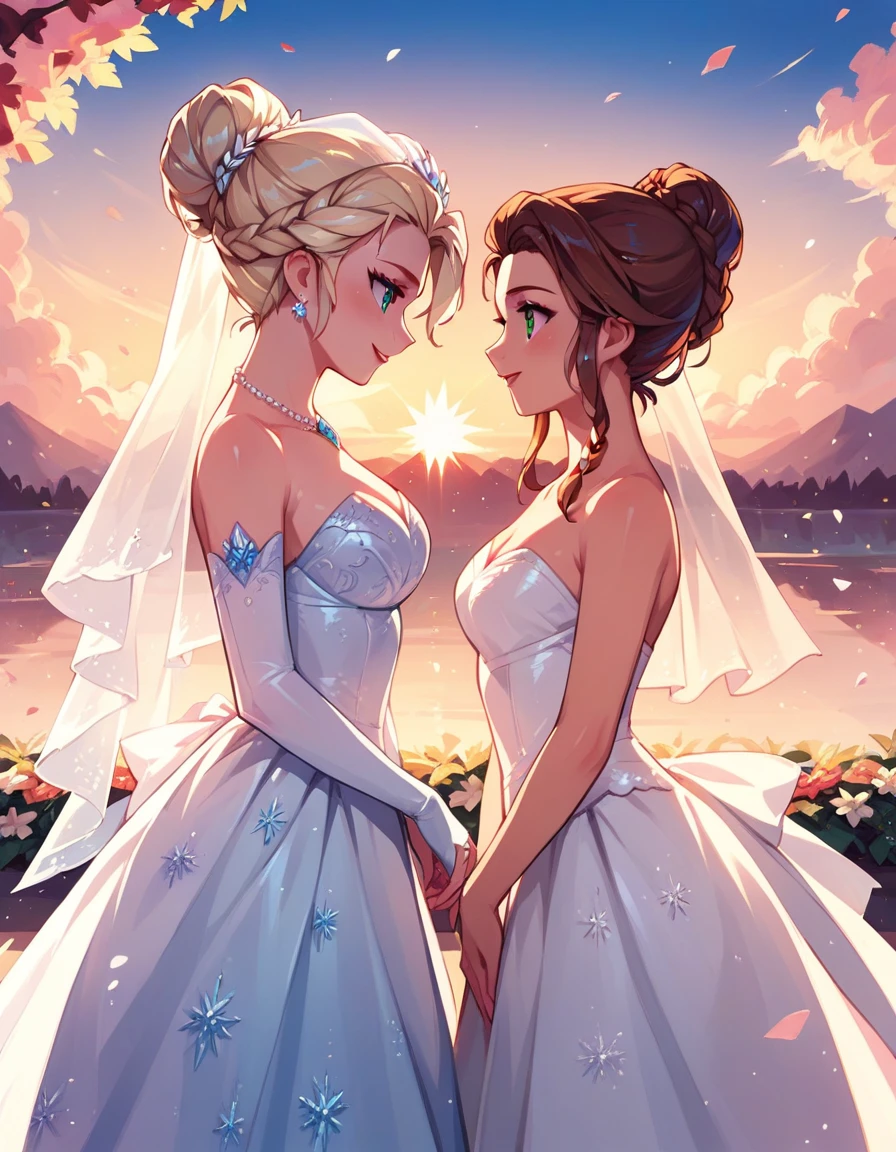 score_9, score_8_up, score_7_up, score_6_up, 2girls, elsa (blonde hair, updo braid, ice blue wedding dress:1.1) and anna (brown hair, updo bun, green wedding dress:1.3),, wedding day, lovers, in love, epic wedding, celebration, cinematic lighting,, sunset, cowboy shot.